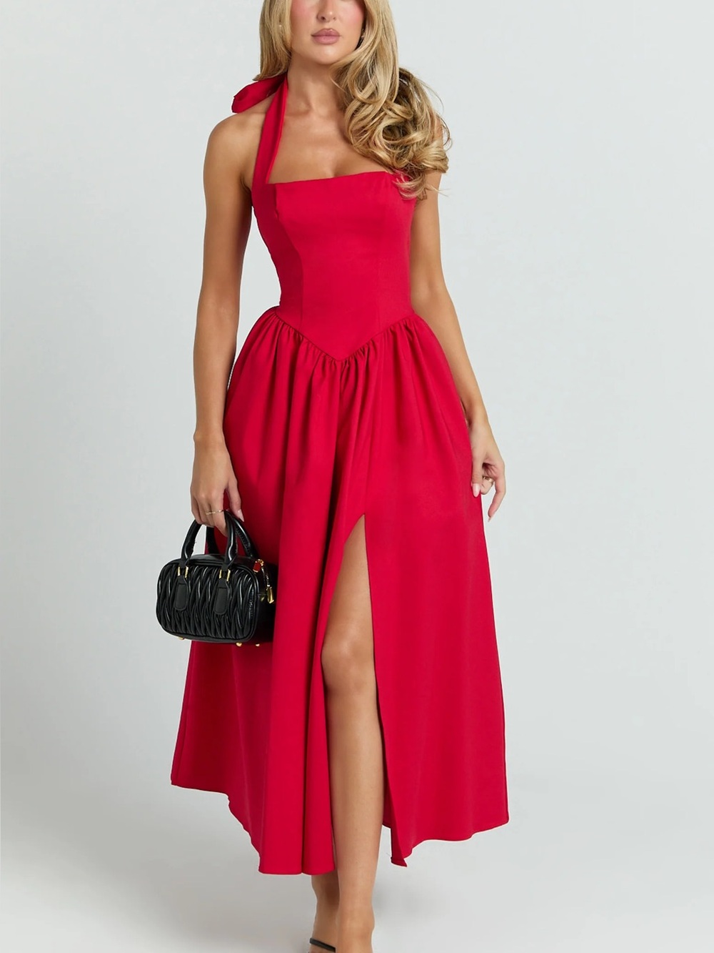 Showpo Halter Tie Neck Corset Panel Red Dress with Front Slit